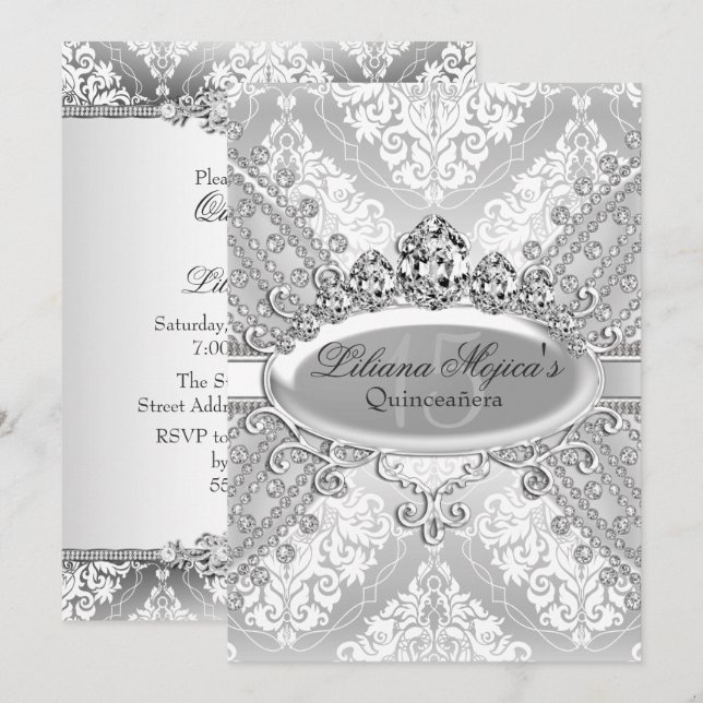 Pretty Silver Damask Tiara Quinceanera Invitation (Front/Back)