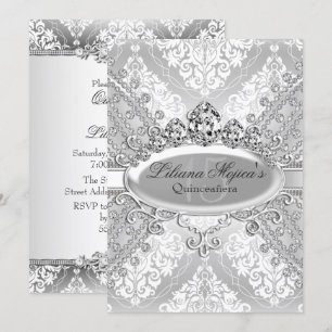 Pretty Silver Damask Tiara Quinceanera Invitation