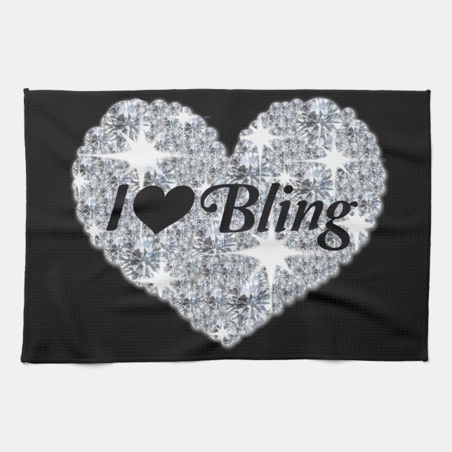 Pretty silver diamond heart I love bling  Kitchen Towel (Horizontal)