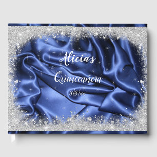 Pretty Silver Glitter and  Blue Satin Quinceanera  Guest Book