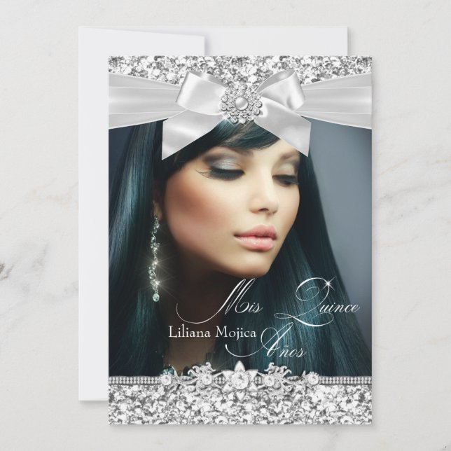 Pretty Silver Glitter Bow Photo Quinceanera Invite (Front)