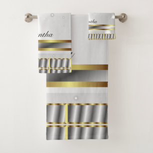 Pretty Silver Grey And Gold Script Bath Towel Set