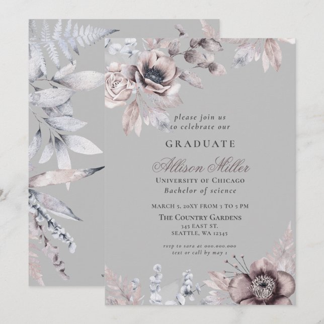 Pretty Silver Grey Mauve Floral Graduation Party Invitation (Front/Back)
