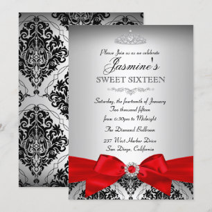 Pretty Silver Red Damask Sweet 16 Invitation