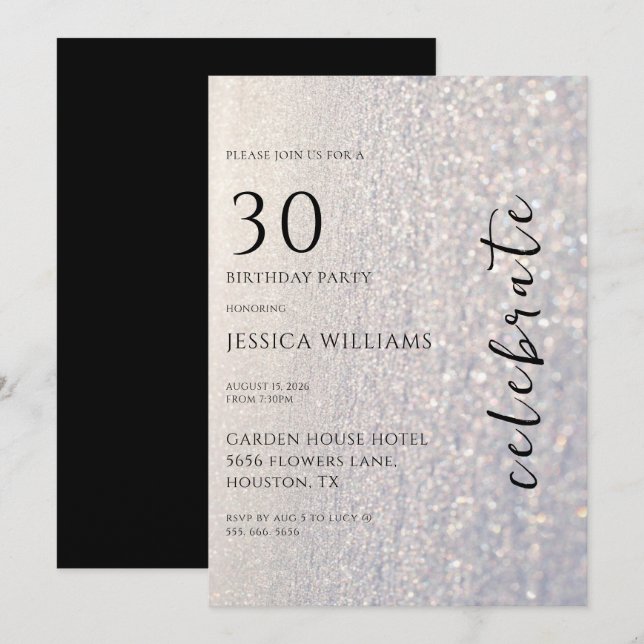 Pretty Silver Snow & Bokeh 30th Birthday Party Invitation (Front/Back)