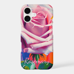 Pretty Single Pink Rose Oil Painting Monogrammed