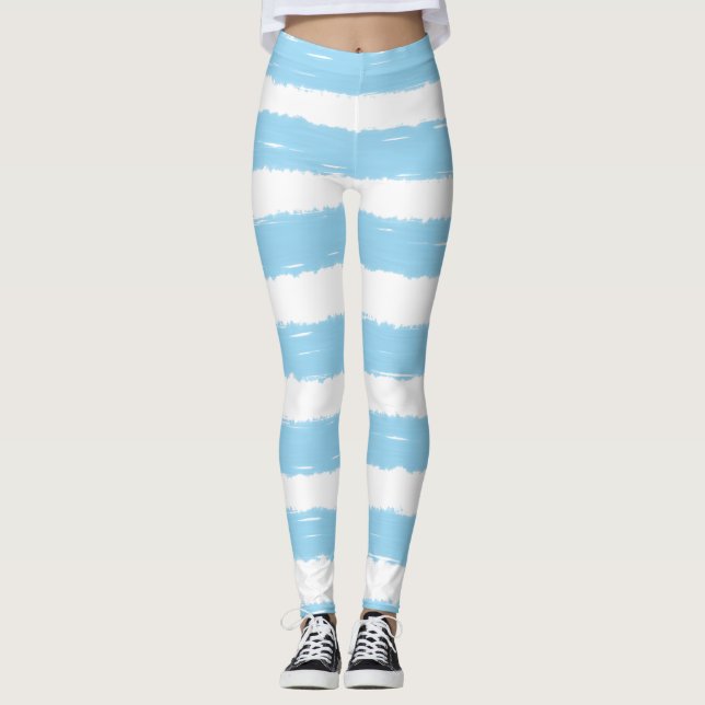 Pretty Sky Blue White Stripes Leggings (Front)