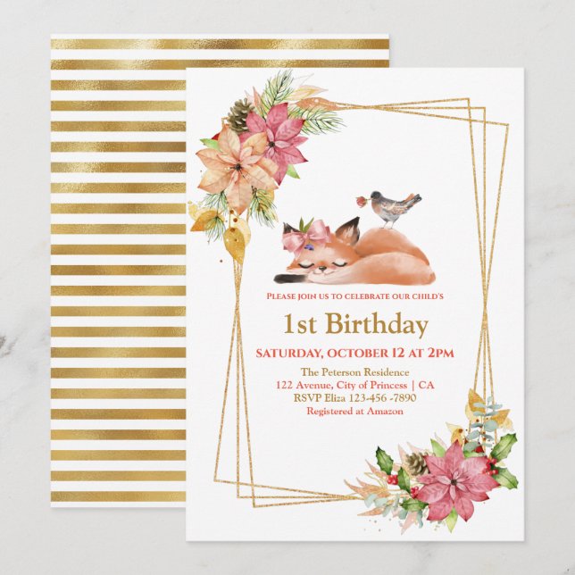 Pretty Sleepy Fox Gold Glitter Girl 1st Birthday  Invitation (Front/Back)