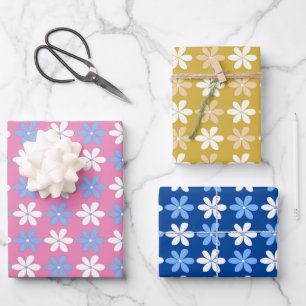 PRETTY SMALL FLOWERS FLORAL PATTERN BLUE PINK GOLD WRAPPING PAPER SHEET