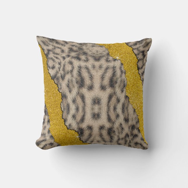 Pretty Snow Leopard Leather Animal Print & Glitter Throw Pillow (Front)