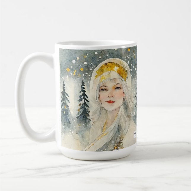Pretty snow queen Christmas mug in a snowy forest. (Left)