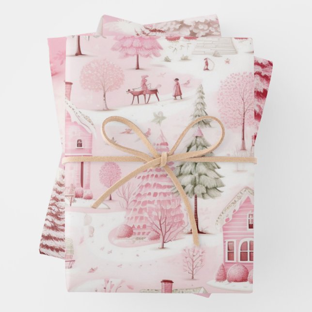 Pretty Snow Scene  Pink Christmas Town Wrapping Paper Sheet (In situ)