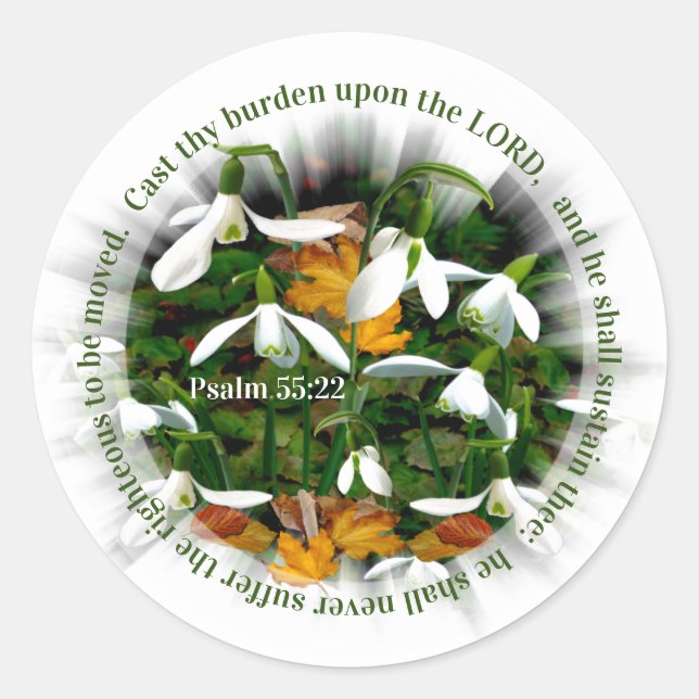 Pretty Snowdrops with Psalm 55:22 Classic Round Sticker (Front)