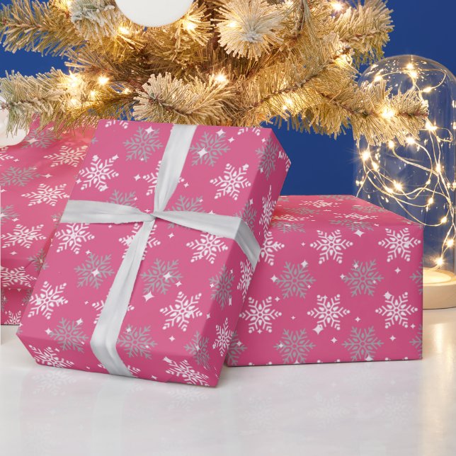 Pretty snowflakes and sparkles hot pink Christmas Wrapping Paper (Holidays)