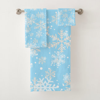 Pretty SnowyFlakes Against Soft Blue Background Bath Towel Set