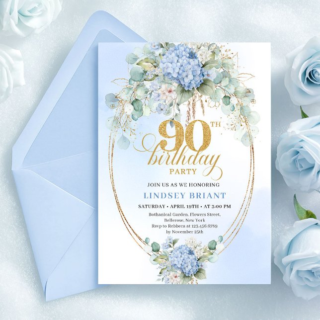 Pretty Soft Blue Hydrangea Gold 90th Birthday Card (Pretty Soft Blue Hydrangea Gold 90th Birthday Card)