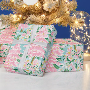 Pretty Soft Pastel Pink & Teal Pine Trees Holiday Wrapping Paper