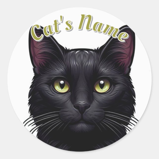 Pretty Solid Black Cat • Personalized Classic Round Sticker (Front)