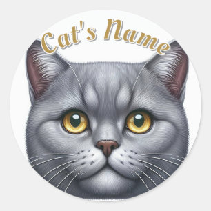 Pretty Solid Grey Cat • Personalized Classic Round Sticker