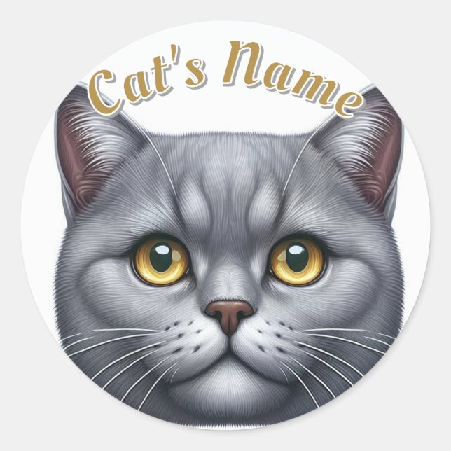 Pretty Solid Grey Cat • Personalized Classic Round Sticker (Front)