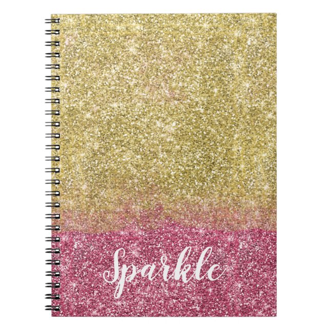 Pretty Sparkle Gold Pink Faux Glitter Notebook (Front)