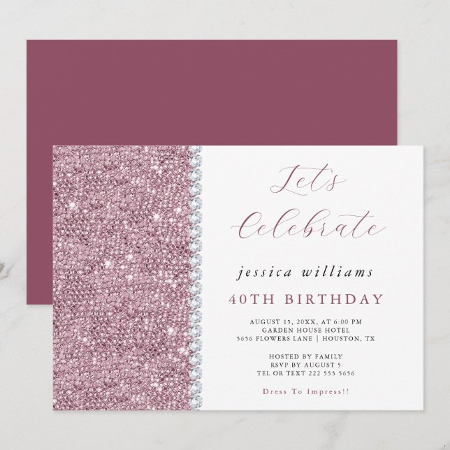 Pretty Sparkle Sequins & Diamonds Mauve Birthday  Invitation (Front/Back)