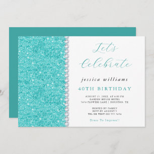 Pretty Sparkle Sequins & Diamonds Teal Birthday  Invitation