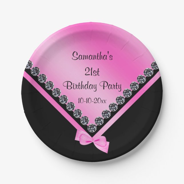 Pretty Sparkly Diamonds & Pink Bow 21st Birthday Paper Plate (Front)