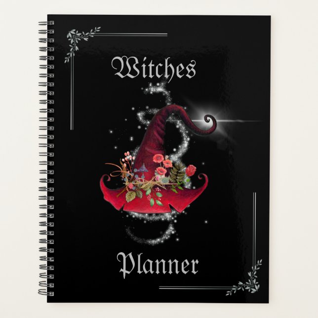 Pretty Sparkly Red Witch Hat Black Journal  Planner (Front)
