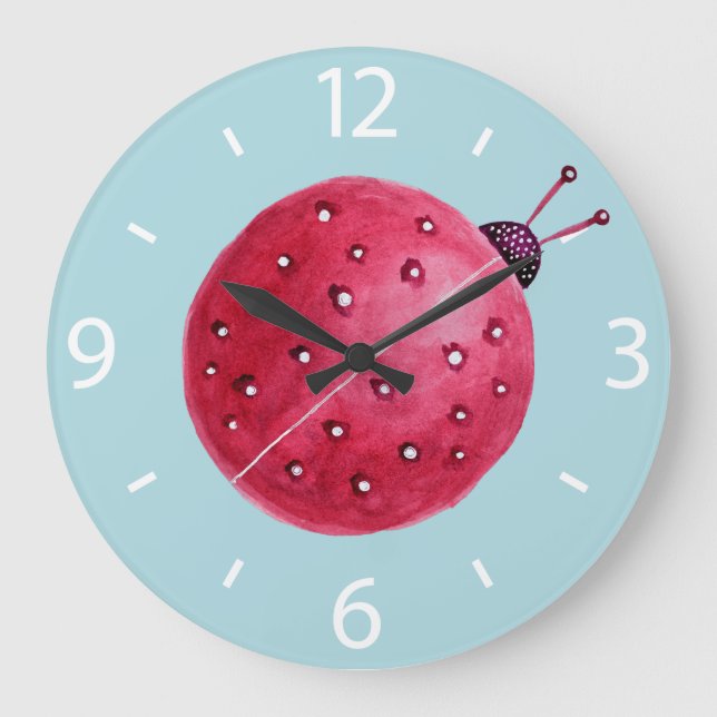 Pretty Spherical Abstract Watercolor Ladybug Kids Large Clock (Front)