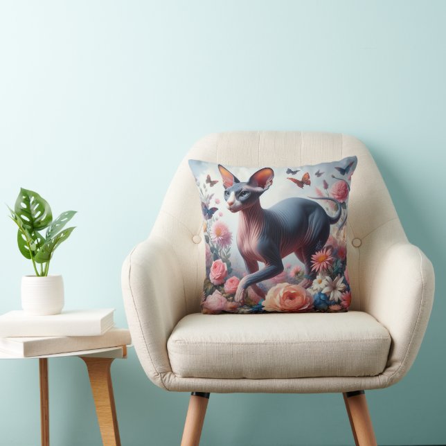 Pretty Sphynx Cat & Flowers Throw Pillow (Chair)