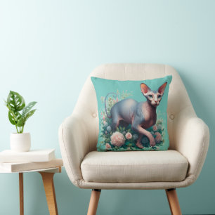 Pretty Sphynx Cat & Flowers Throw Pillow