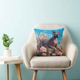 Pretty Sphynx Cat & Flowers Throw Pillow