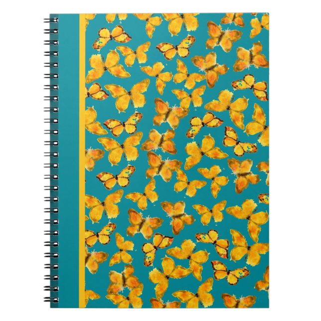 Pretty Spiral Notebook, Golden Butterflies on Teal Notebook (Front)