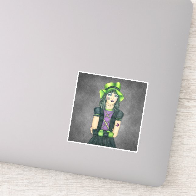 Pretty Spooky Halloween Girl Green Hat Tattoo Grey (Detail)