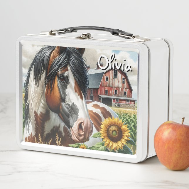 Pretty Spotted Horse and Rustic Barn Metal Lunch Box (In Situ)