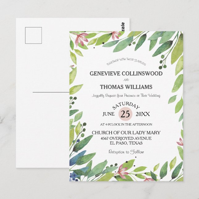 Pretty Spring Botanical Blush Pink Wedding Invite Postcard (Front/Back)