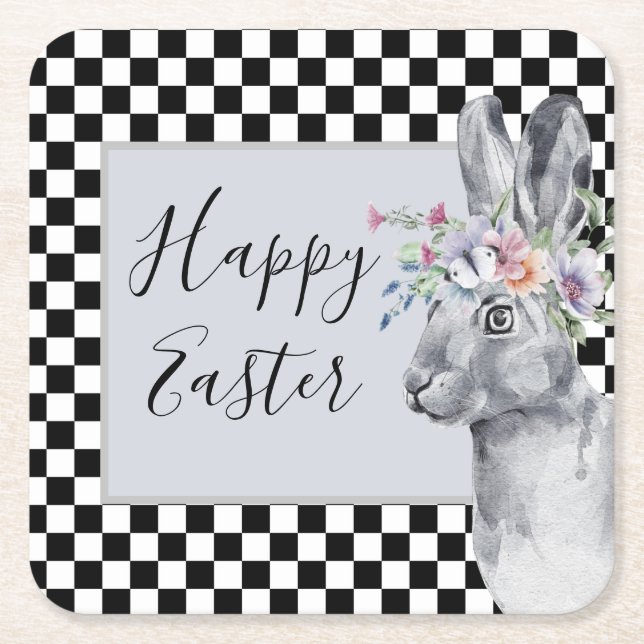 Pretty Spring Bunny Chequerboard Easter   Square Paper Coaster (Front)