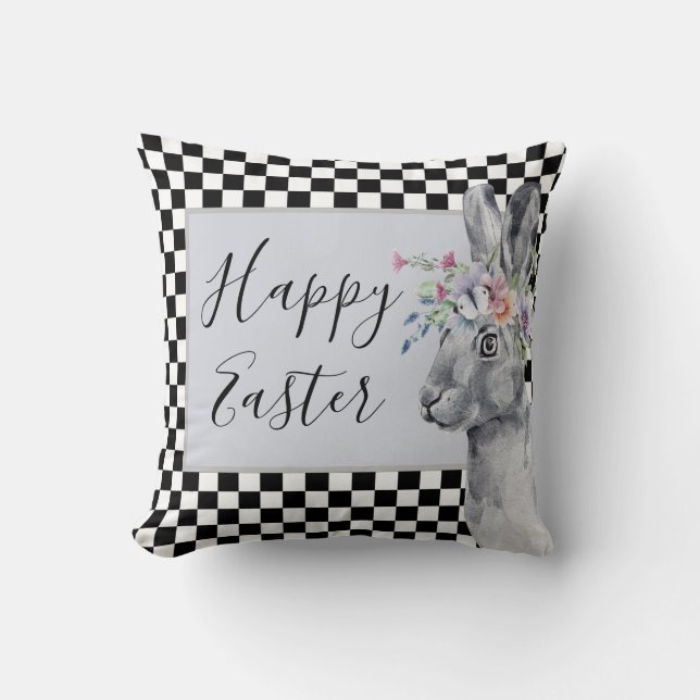 Pretty Spring Bunny Chequerboard Easter Throw Pillow (Front)