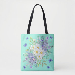 Pretty Spring Daisies, Blue Flowers & Butterflies Tote Bag