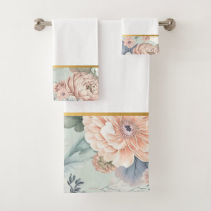PRETTY SPRING FLORAL BLUE BATHROOM TOWEL SET