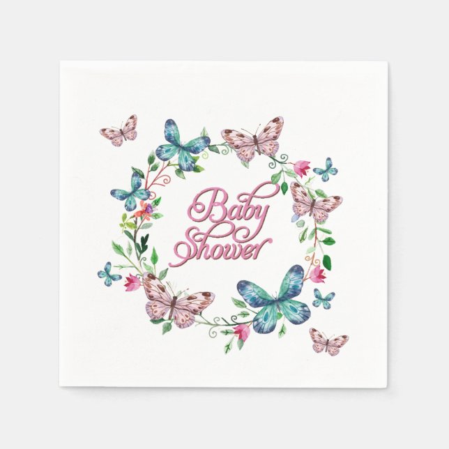 PRETTY SPRING FLORAL BUTTERFLY WREATH BABY SHOWER NAPKIN (Front)