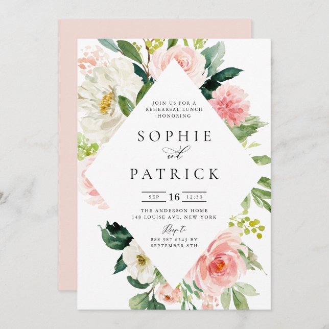 Pretty Spring Floral Frame Rehearsal Lunch Invitation (Front/Back)