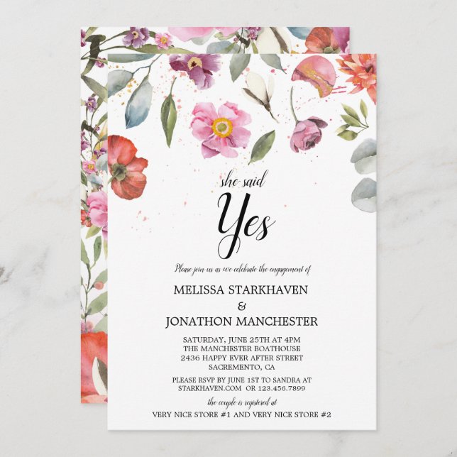 Pretty Spring Floral She Said Yes Engagement Party Invitation (Front/Back)
