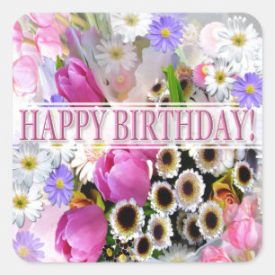 Pretty Spring Flower Bouquet Happy Birthday Square Sticker