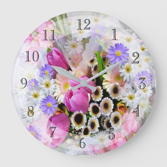 Pretty Spring Flower Bouquet Large Clock (Front)
