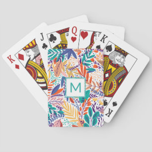 Pretty Spring Flowers Line Art Aqua Teal Monogram Playing Cards