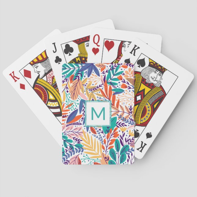 Pretty Spring Flowers Line Art Aqua Teal Monogram Playing Cards (Back)