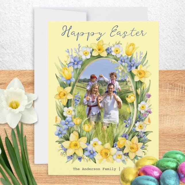 Pretty Spring Flowers Photo Personalized Easter Holiday Card (A pretty Easter card with 'frame' of Spring flowers, to personalize with a photo, name(s) and year)
