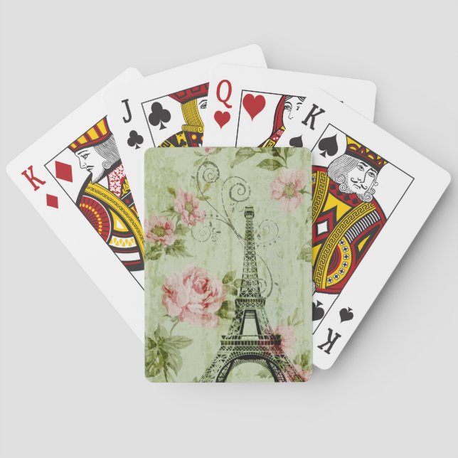 pretty spring mint pink floral paris eiffel tower playing cards (Back)